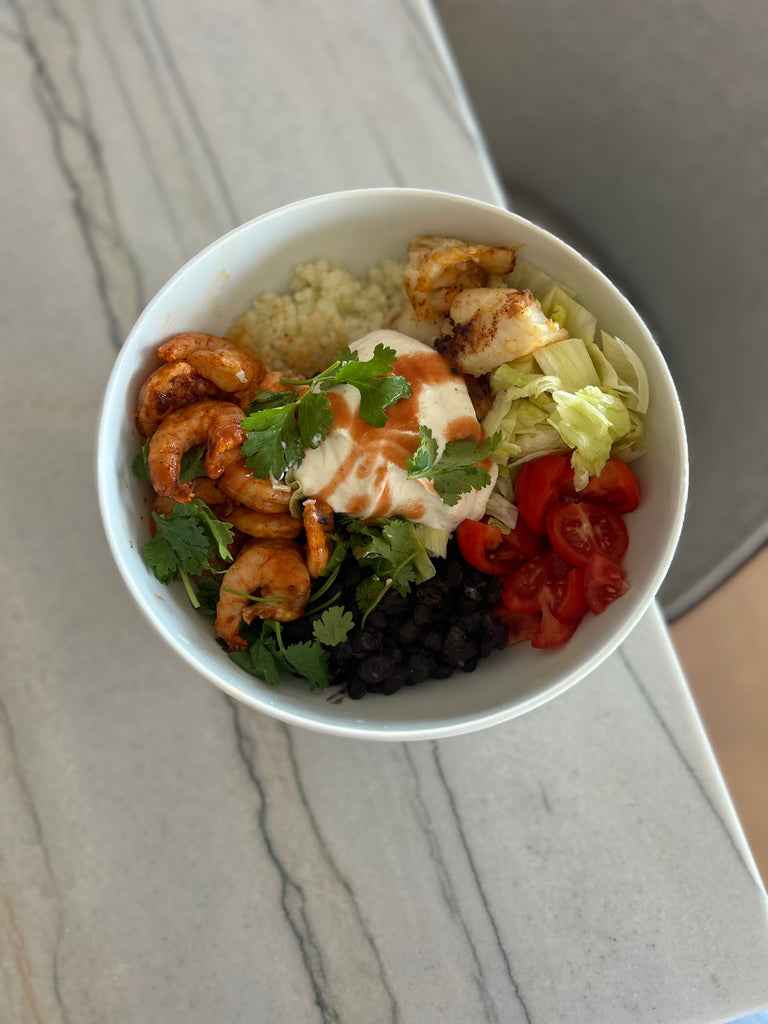 High Protein Blackened Cajun Shrimp & Halibut Bowl